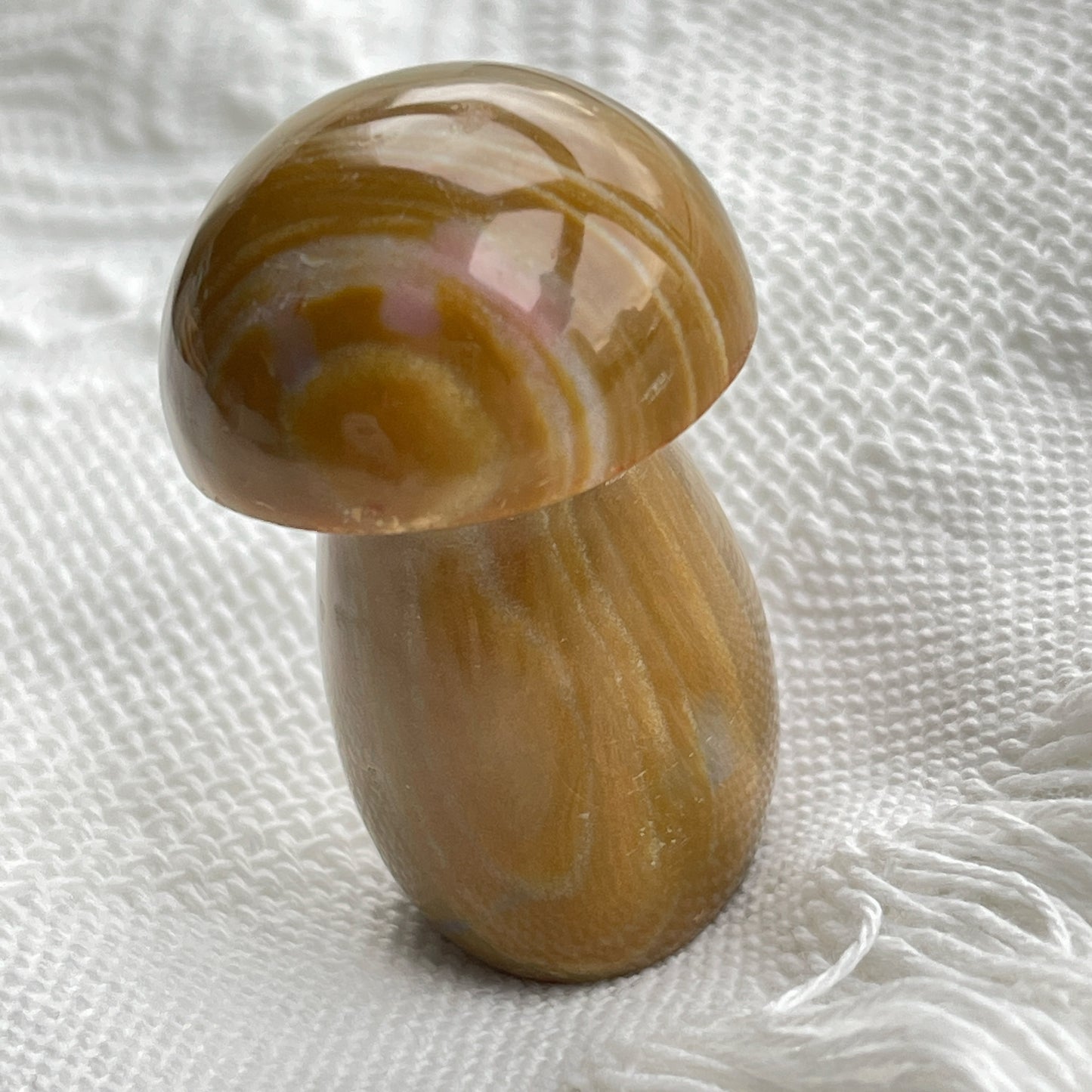 海洋碧玉蘑菇造型擺設 這顆啡黃的小蘑菇🍄,又吸引到你嗎? 海洋碧玉又名海洋石,是馬達加斯加的特產,最初發現於沿海地區,顏色範圍廣泛,色彩多樣性,大多數是由不透明的玉髓及石英組成的,而有些部分則是半透明及結晶化的。而海洋碧玉也稱作球形碧玉(Orbicular Jasper)。 海洋碧玉是你心情覺得沮喪時的好夥伴 -穩定情緒,平衡身心 -釋除負面的自我認知 -排走負能量,令頭腦清晰 -開啟內心的快樂和滿足