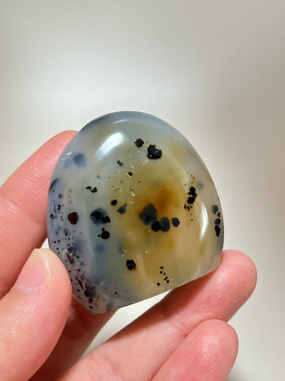 瑪瑙共生軟錳礦

這顆瑪瑙裡裡面共生了軟錳礦(又名樹枝,苔紋), 是因為二氧化錳滲入的關係造成樹枝狀的樣子, 會出現在水晶和瑪瑙裡面。

-能令人精神放鬆，減少失眠症狀

-瑪瑙具有平衡，穩定及保護的作用