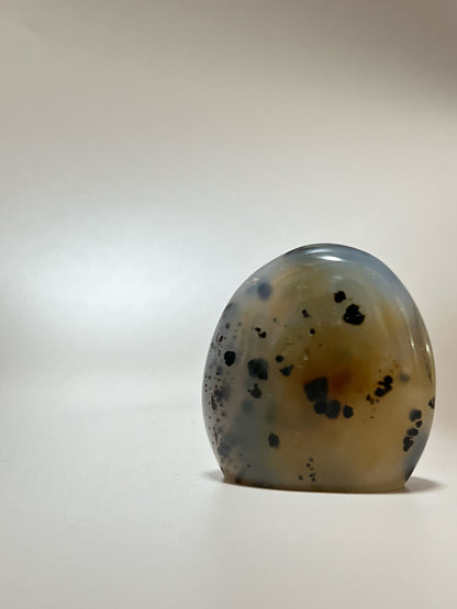 瑪瑙共生軟錳礦

這顆瑪瑙裡裡面共生了軟錳礦(又名樹枝,苔紋), 是因為二氧化錳滲入的關係造成樹枝狀的樣子, 會出現在水晶和瑪瑙裡面。

-能令人精神放鬆，減少失眠症狀

-瑪瑙具有平衡，穩定及保護的作用