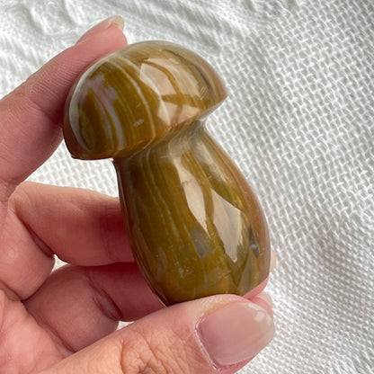 海洋碧玉蘑菇造型擺設  這顆啡黃的小蘑菇🍄，又吸引到你嗎？  海洋碧玉又名海洋石，是馬達加斯加的特產，最初發現於沿海地區，顏色範圍廣泛，色彩多樣性，大多數是由不透明的玉髓及石英組成的，而有些部分則是半透明及結晶化的。而海洋碧玉也稱作球形碧玉(Orbicular Jasper)。  海洋碧玉是你心情覺得沮喪時的好夥伴  -穩定情緒，平衡身心  -釋除負面的自我認知  -排走負能量，令頭腦清晰  -開啟內心的快樂和滿足